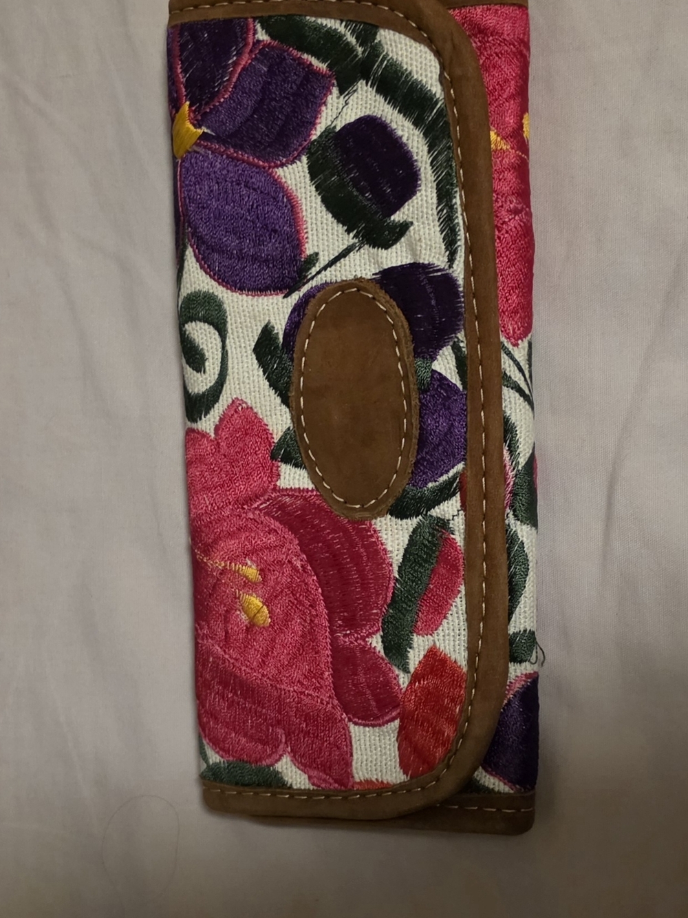 New Floral Leather/Suede Hand Embroidered Wallet with Brown Trim With Zipper.